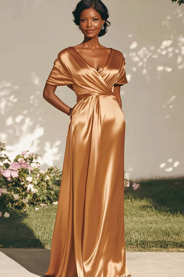 Gold V-Neck Satin Long Formal Dress